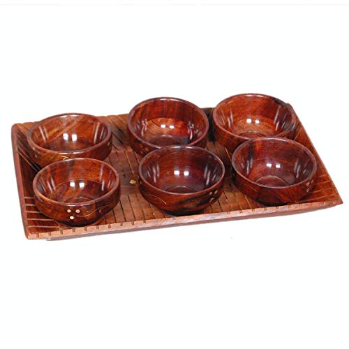 Indian Wood Crafts Wooden Tray with Bowl Set ((Set of 6 Bowl with 1 Tray)) Serving Tray with Bowl Best for Kitchen & Dining Area
