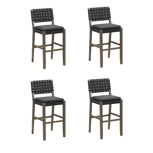 Image of Nathan James Cohen Mid-Century Modern 29 in. Wood Bar Stool, Upholstered Faux Suede Bar Height Stool with Solid Wood Frame, Black, Set of 4