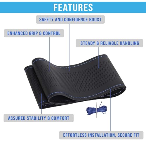 Image of KINGSWAY PU Leatherite Car Steering Cover Sewable Compatible with Maruti Suzuki Alto (Year 2012 Onwards), Black Color with Blue Thread, Pack of 1 with Sewing Needle and Thread