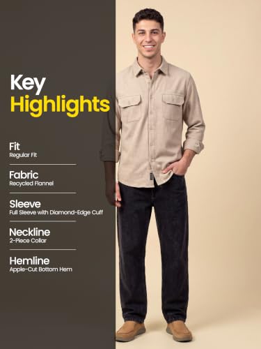 Image of Beyoung Solid Recycled Flannel Shirt for Men | Premium Cotton Flannel | Classic Pointed Collar