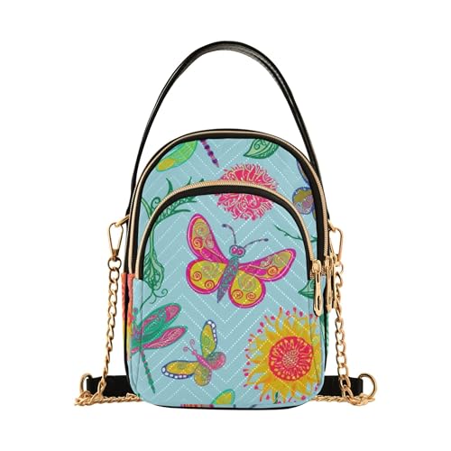 Cute Vintage Butterflies Blue Single Shoulder Handbag Women Cell Phone Wallet Chain Purse Floral Print Ladies Tote Crossbody Satchel, 5.9