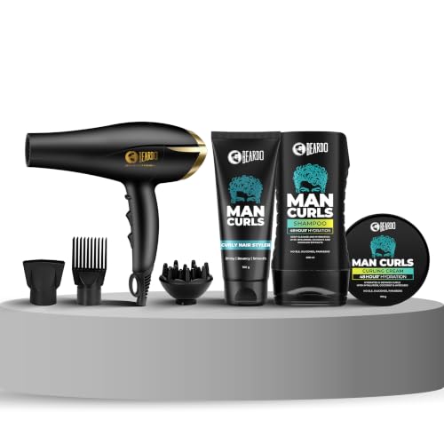 Image of Beardo Man Curls Ultimate Styling & Care Kit: Tornado Hair Dryer, Man Curls Shampoo (200ml), Curling Cream (100g) & Curly Hair Styler (100g) for Defined, Frizz-Free Curls - Complete Professional Grooming Combo (Set of 4)