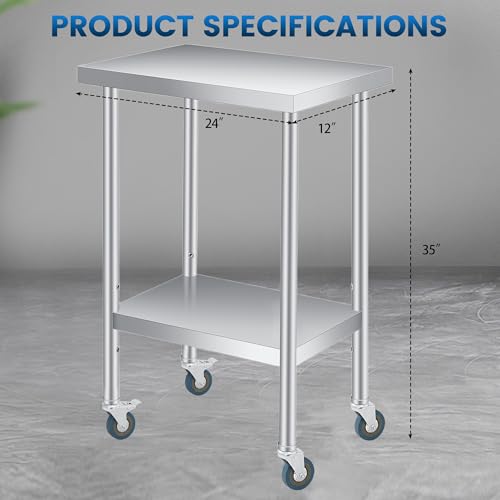 Stainless Steel Table, 12" x 24" Prep Workstation, 1000 LBS, NSF Commercial Work Table with Adjustable Undershelf and Lockable Casters, for Restaurant, Home, Kitchen, Hotel, Outdoor