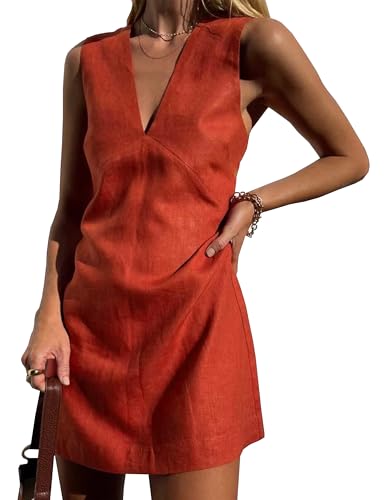 Megfie Womens Summer Cotton Linen V Neck Short Dress Sleeveless Mini Dress Casual A Line Tank Sundress(0866-Red-M)