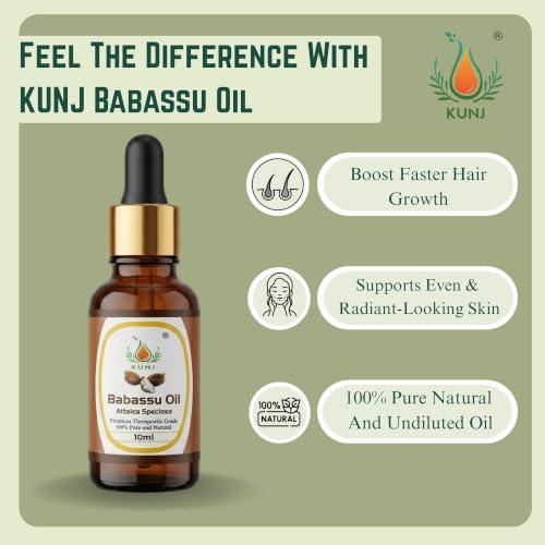 Image of KUNJ Babassu Oil 10ml - 100% Pure & Natural Cold Pressed Undiluted Carrier Oil for Hair, Skin, Face & Body Care | Lightweight Non-Greasy Moisturizing Oil | Fast Absorbing