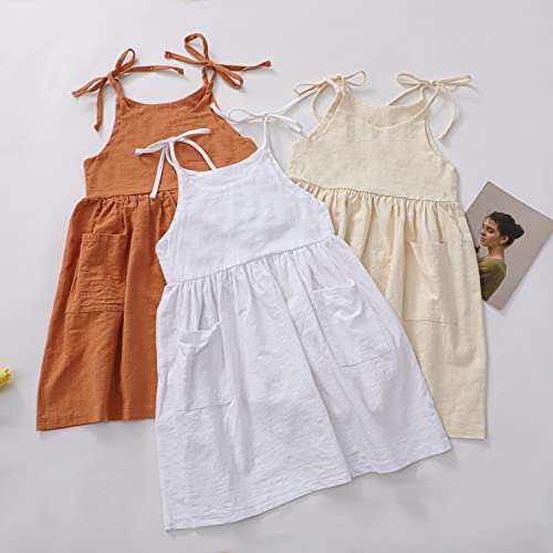 Timogg Toddler Baby Girl Cotton Linen Solid Dress Sling Bow Summer Skirt Casual Beach Girls Sundress With Pockets Overall Dress (White, 2-3 Years) #TOP6