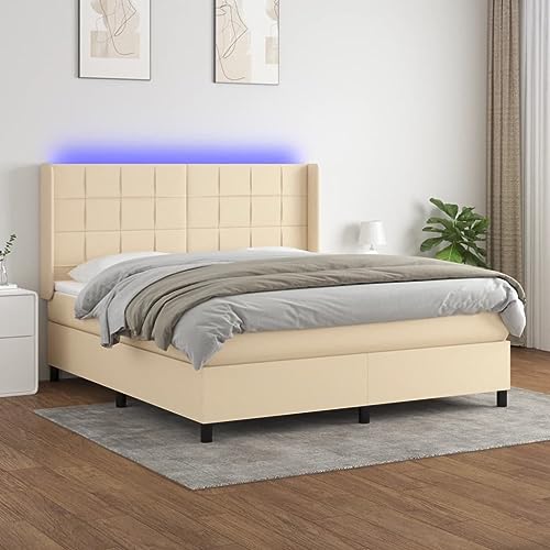 SKM Boxspringbett mit Matratze & LED Creme 160x200 cm Stoff,80,69 KG,3138330,Color: Creme SKM Boxspringbett mit Matratze & LED Creme 160x200 cm Stoff,80,69 KG,3138330,Color: Creme