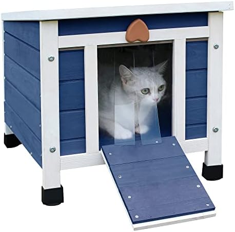 Deblue Cat House for Outdoor Cats, Weatherproof Feral Cat House, Wooden Outside Shelter for Cat, Rabbit and Small Pet-Navy Blue
