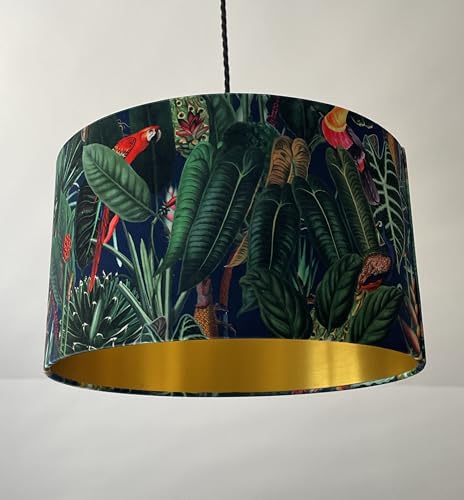 Dark Blue Parrot Peacock Tropical Jungle Velvet Brushed Gold Drum Lampshade