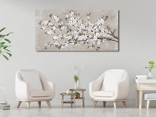 Image of VEAEE White Blossom Branches Wall Art - Floral Canvas Prints Living Room Decor Abstract Flowers Painting Canvas Pictues, Contemporary Artwork Bedroom Office Kitchen Wall Decor Ready to Hang 29 inchx58 inch