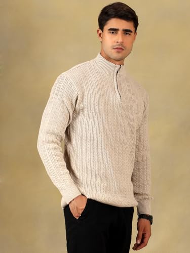 Image of Kvetoo Men's Full Sleeve High Neck Zipper Sweater| Warm Cable Knit Quarter Zip Pullover | Wool Winter Sweater for Casual & Office Wear