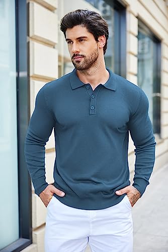 COOFANDY Men's Classic Polo Shirts Long Sleeve Casual Dress Shirts Fitted Business Shirts Denim Blue - Image 2