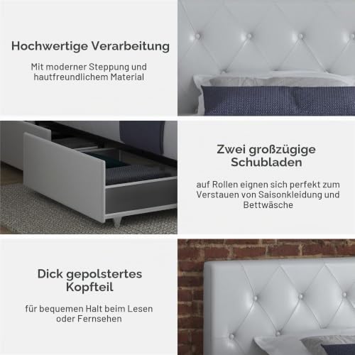 DHP Dakota Bett mit Aufbewahrungsschubladen, weißes PU, Einzelbett, 205 x 111 x 97cm (L x W x H) – Ansicht 3