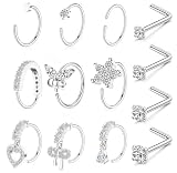 Habselikob Anillos de nariz para mujeres y hombres, 20 g, corazón, mariposa, flor, lazo, circonita, aros de nariz de acero quirúrgico en forma de L, piercings de nariz dorado/plateado, 8mm, Acero