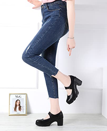 DADAWEN Women's Leather Classic Mid Heel Mary Jane Square Toe Oxfords Platform Dress Pumps Shoes2