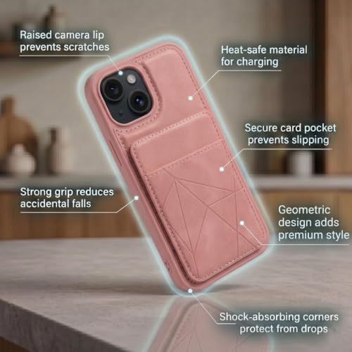 Image of amazon basics Premium Vegan Leather Back Cover with Card Holder and Integrated Mobile Stand for iPhone 15 - Slim Shockproof Wallet Case with Geometric Stitching [Pink]
