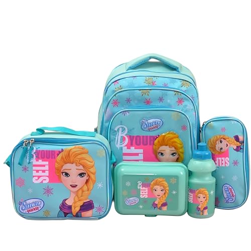 Image of Combo Set for Girls - 5 in 1 Back to School Hamper with Backpack, Lunch Bag, Tiffin Box, Water Bottle & Pencil Pouch - Complete School Essentials Gift Set for Kids (Blue Bag)