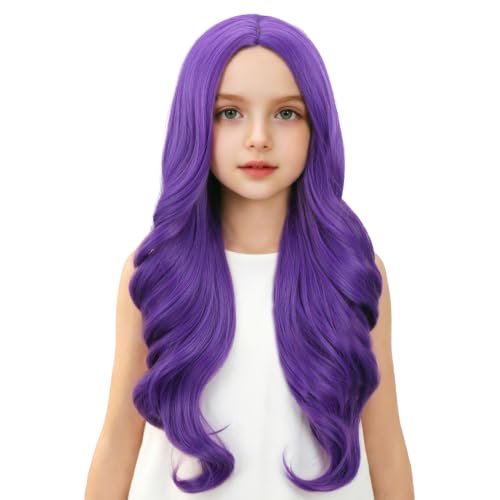 Image of Child Dark Purple Wig Girls Long Deep Purple Wavy Curly Wig Kid Middle Part Wigs Heat Resistant Synthetic Wigs with Cap