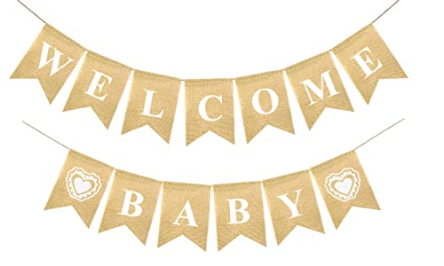 FAKTEEN Willkommen Baby Jute-Banner mit Herz für Babyparty, Party-Dekoration - Vintage-Geschlechtsneutrale Babyparty-Dekorationen Cover