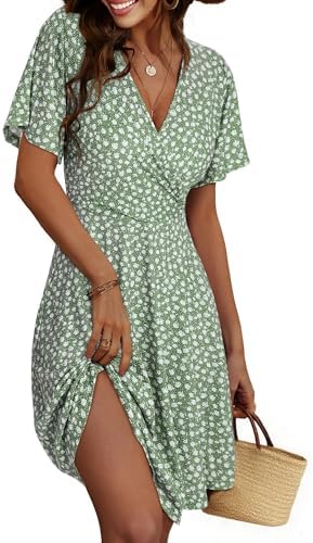 Cicy Bell Damen Sommerkleid Kurzarm Blumenmuster Kleider | Knielang,V Ausschnitt,Leicht,Wrap,Elegant,Midikleid,A-Linie,Freizeitkleid,Dress,Strandkleid