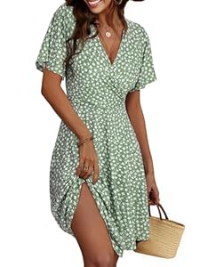 Cicy Bell Damen Sommerkleid Knielang Kurzarm V Ausschnitt Wrap Kleider Blumenmuster Midikleid A-Linie Freizeitkleid Grün XS