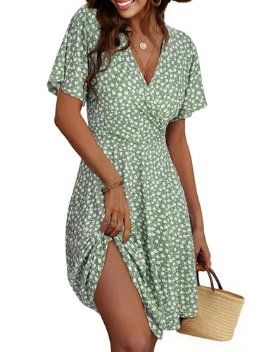 Cicy Bell Damen Sommerkleid Knielang Kurzarm V Ausschnitt Wrap Kleider Blumenmuster Midikleid A-Linie Freizeitkleid Grün XS
