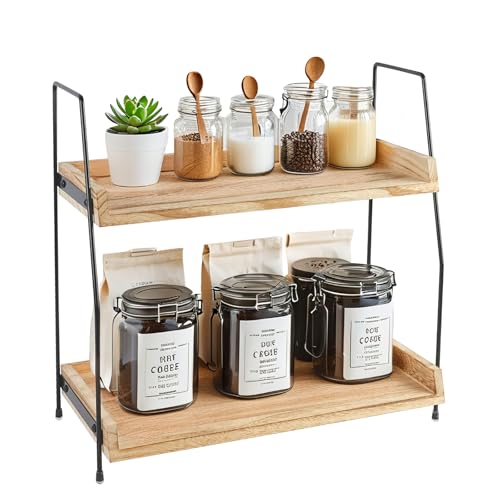 PopuLike Coffee Station Organizer 2 Tier Kitchen Counter Shelf Wooden Coffee Bar Accessories Storage Kitchen Spice Rack
