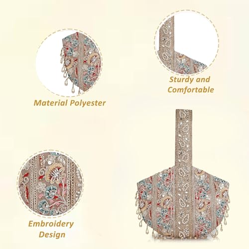 Image of Stylish Embroidery Unique Design Traditional Wedding Party Handheld Potli Bag for Women (Rose Gold)