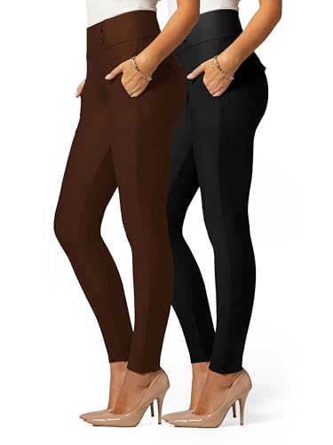 Conceited 2-Pack Stretch Slacks for Women - Wear to Work - Slim Leg Dress Pants with Pockets - Black, Brown - (X-Large)