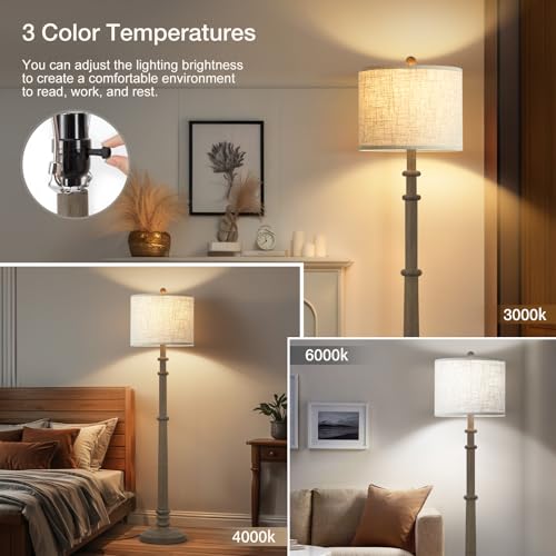 Image of EJIAXIN Floor Lamps for Living Room - 60 inch Farmhouse Floor Lamp with Adjustable Color Temperatures - Vintage Standing Lamp Reading Light with Linen Shade Retro Tall Lamp for Bedroom Office, Grey
