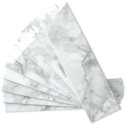 AULIGET 40-Piece Polished White Marble Peel and Stick Backsplash Wall Tiles 3 x 12 PVC Faux Stone Stick on Tiles for Backsplash Kitchen Bathroom Laundry Room Camper Fireplace