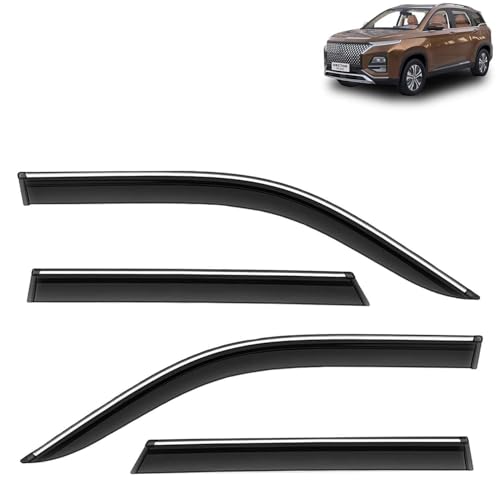 Image of KINGSWAY Accessories Chrome Lining Door Visor Only Compatible with MG Hector Plus (Year 2022 to 2025), Premium Chromeline Unbreakable Car Rain Guard Side Rear Wind Deflectors, Pack of 4