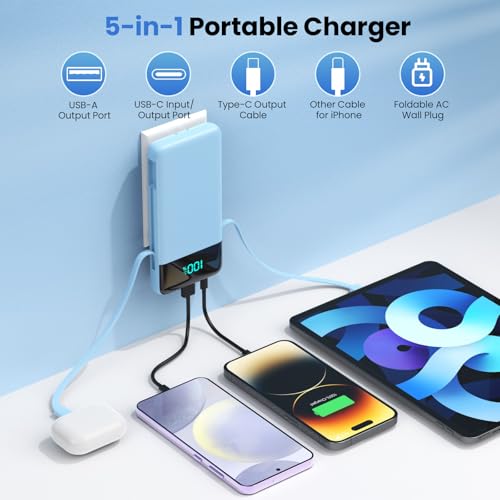 Image of Portable Charger for iPhone,13800mAh Slim Power Bank with Built-in Cables & AC Wall Plug,All in One 4 Outputs USB C Fast Charging Battery Pack Travel Essential for iPhone 17 /16 /15 /14,Android(Sky Blue)