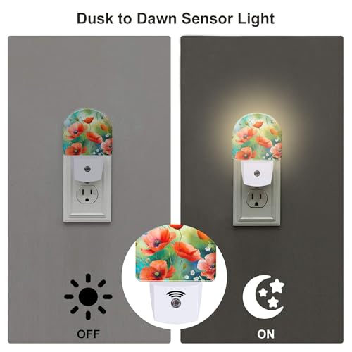 Image of Watercolor Red Poppies Flower Night Light, Abstract Colorful Floral Dusk to Dawn Night Light Plug in,0.5w Energy Saving Sleep Friendly NightLight for Kids Boys Girls Home Decor