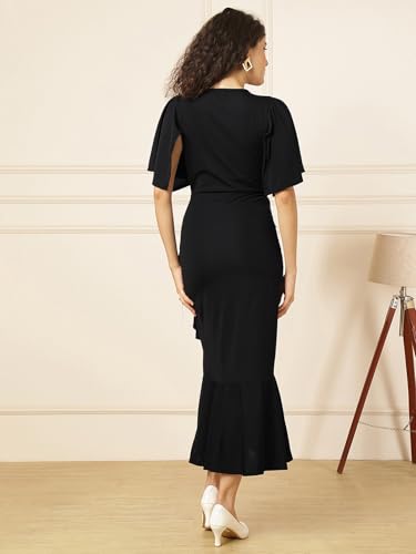 Image of Selvia Wine Flutter Sleeve Bodycon Midi Dress for Women, V-Neck Ruffle Hem Outfit