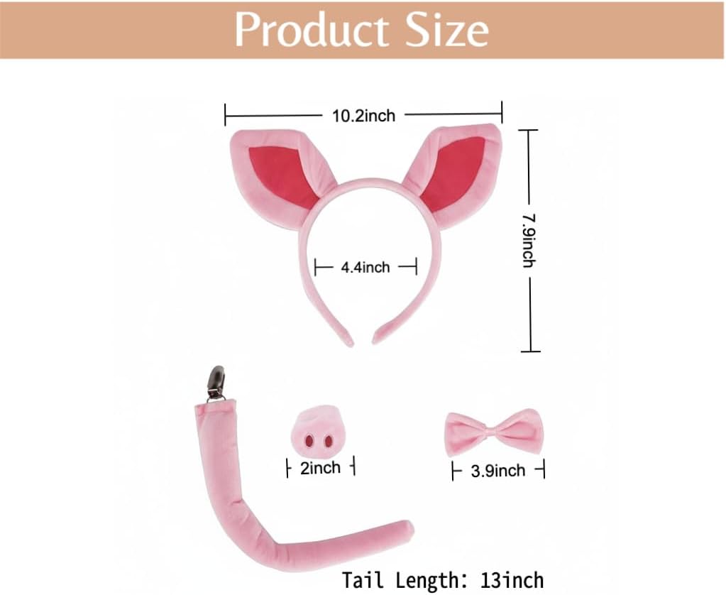 Pig Costume Set Pink Pig Ears Headband Nose Tail and Bow Tie Animal Costume for Halloween Cosplay Carnival Birthday Party，4PCS