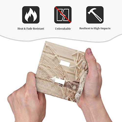 Beige Wooden Beach Lighthouse 2-Gang Device Light Switch Wall Plate Electrical Receptacle Wallplate Cover Double Toggle Summer Starfish Nautical Ocean Coastal Marine Fishing Sea Stars Shells Decor #TOP4