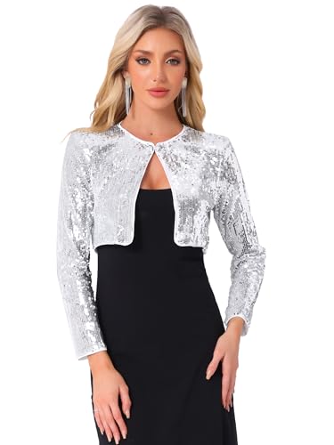 Image of Allegra K Sequin Bolero Shrugs for Women's Slim Fit Christmas Party Club Collarless Sparkly Crop Jackets