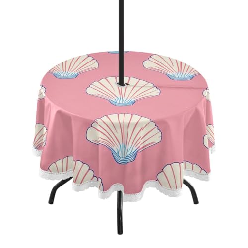 Wajiw 60 Inch Indoor Outdoor Round Tablecloth with Umbrella Hole and Zipper Waterproof Patio Table Cover for Camping Dining Room Party Outdoor Picnic,Seashells