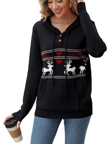 Image of VIMPUNEC Womens Christmas Sweaters Knit V Neck Hoodies Fall Fashion Casual Pullover Tops Christmas Black L