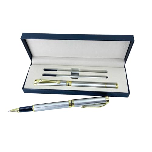 HEmlSkron Luxury Metal Ballpoint Pen Set - Elegant Pen with Smooth 0.5mm Writing & 2 Black Refills - Premium Gift Box for Men Graduation Gifts (Silver-Gold)