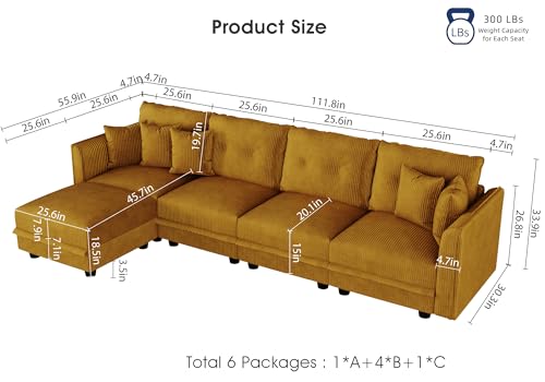 Image of LLappuil 112 inch Modular Sectional Sofa with Storage, L-Shaped 5-Seat Corduroy Couch with 4 Throw Pillows, Pet-Friendly Convertible Sofa for Small Living Room & Apartment, Skin-Friendly, Yellow