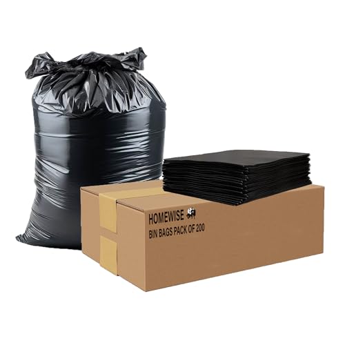 HOMEWISE 200 Heavy Duty Bin Bags | Bin Liners Heavy Duty Bin Bags 100L 23μm | Extra Strong Black Refuse Sacks for Rubbish Eco-Friendly Recycled Material | Large Bin Liners for Home, Office, Restaurant