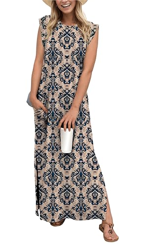 Image of GRECERELLE 2026 Women Year-Round Casual Round Neck Loose Split Wrinkle-Free Long Maxi Vacation Dress with Pockets (XXS-4XL)