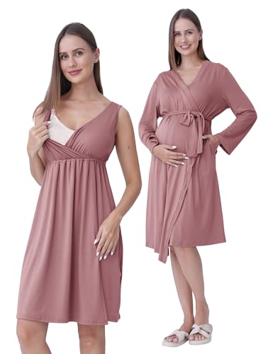 SUNNYBUY Camisón de maternidad y lactancia con bata, 2 piezas, juego de vestido de noche 3 en 1 para el parto, el parto y la lactancia, ropa de dormir hospital, rosa viejo, XL