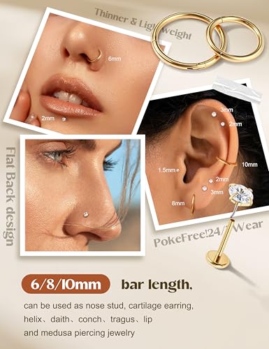 14K Gold Filled Nose Rings Studs Hoops for Women Men: 20G 18G 316L Surgical Stainless Steel Hypoallergenic Dainty Simulated Diamond L Shaped/Corkscrew/Straight/Push Back Nostril Piercing Jewelry4