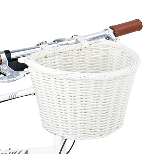 ZUKKA Panier de vélo tissé élégant semi-circulaire Panier pour vélos d'adultes Guidon avant avec sangles en cuir réglables Étanche Rangement Panier de...