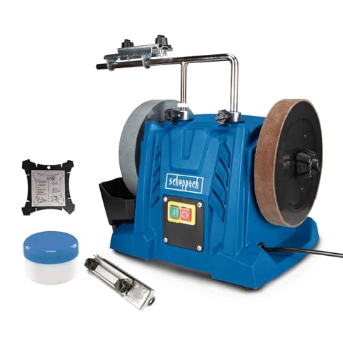 Scheppach Affûteuse à eau TIGER 5000S | Moteur à induction 150W, Meule en corindon supérieur de Ø 200mm, Dispositif universel | Pâte à poncer | Disque à poncer en cuir | Jauge d'angle