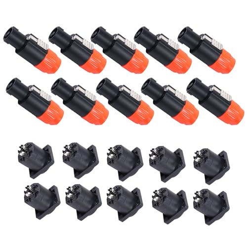 Image of HBU 10 Sets 4 Pole Speakon Connector Kit - 10pcs NL4FC Speakon Connectors & 10-pcs 4 Pin Panel Mount Chassis Socket - Twist Lock for NL4FX, NL4FRX, NL4MPR Adapter Plugs