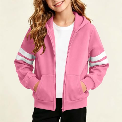 Girls Zip Up Hoodie Size 10-12 Cute Striped Sleeves Hooded Sweatshirts Boys - image 2